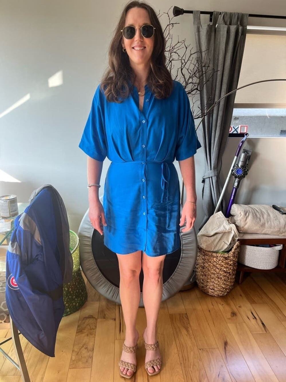 THAKOON Women's Blue Button Front Collared Tie Waist Mini Shirt Dress Size 14